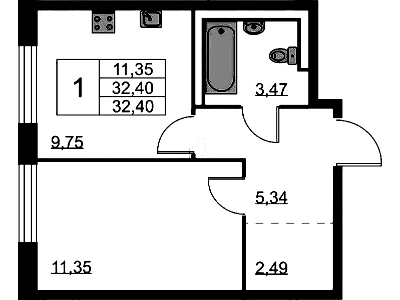 1-комнатная квартира 32.4 м², 2/9 эт., ЖК «Квартал Лаголово»